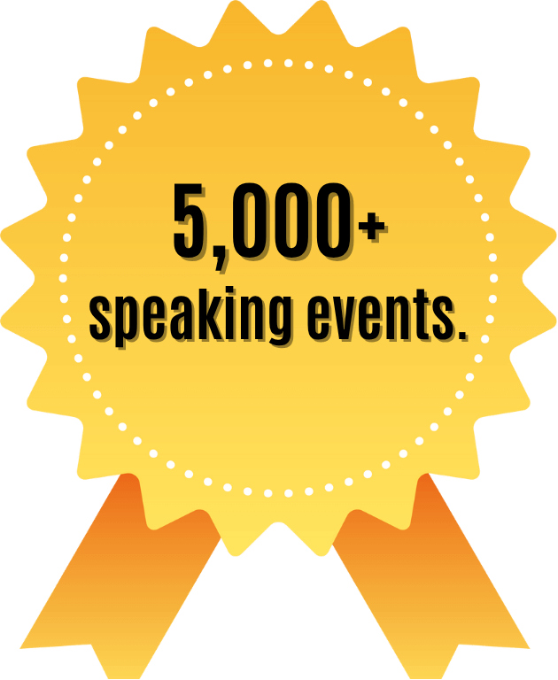 Gold badge highlighting 5,000+ motivational speaking events by Boaz Power